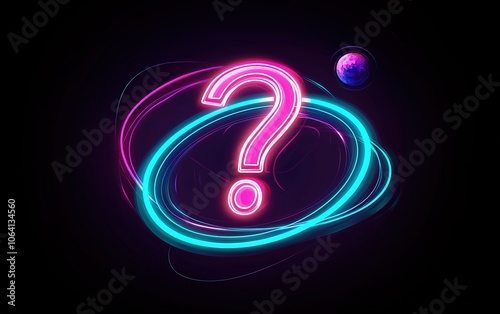 Wallpaper Mural A vibrant digital design featuring a glowing question mark surrounded by colorful rings and a distant planet in a dark space background Torontodigital.ca