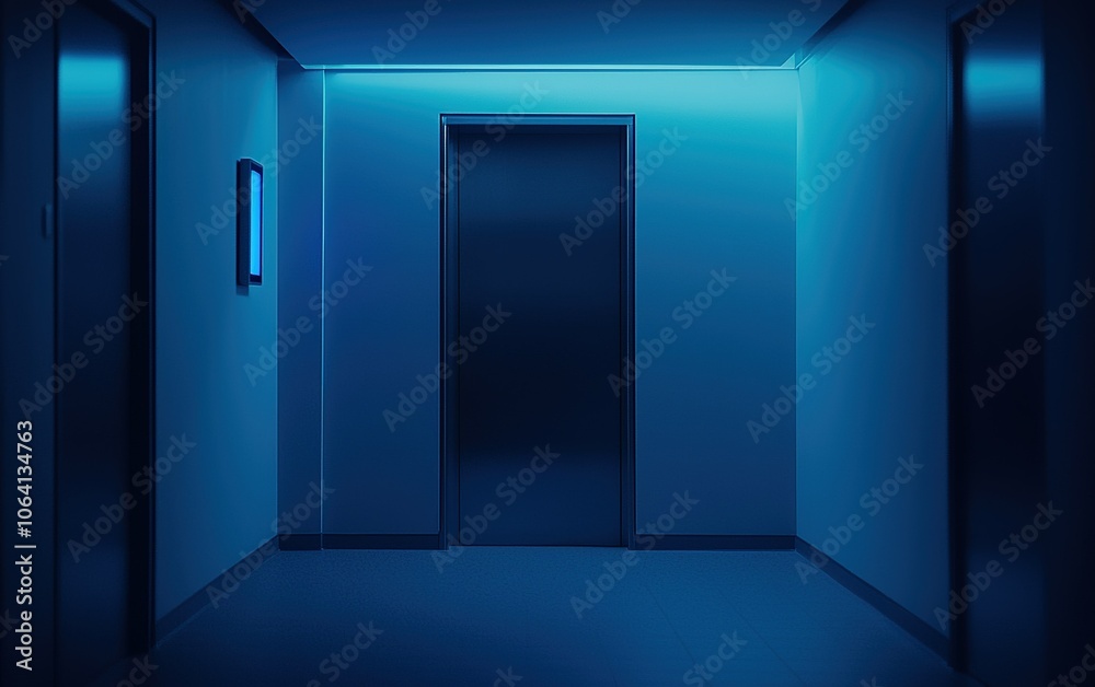 A dimly lit corridor with a closed elevator door, illuminated by soft blue lighting in a modern building setting at night