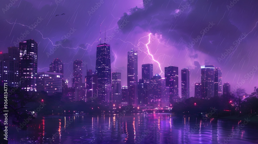 Fototapeta premium Lightning storm over city in purple light. 