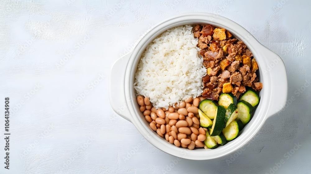 A bowl of rice, beans, zucchini, and ground meat. A bowl of rice, beans, zucchini, and ground meat.
