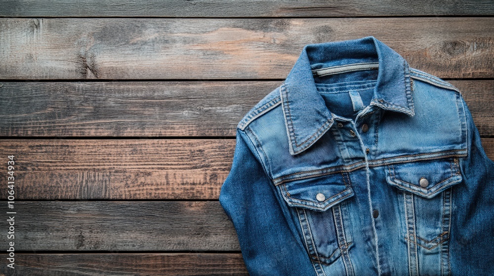 Denim jacket on an old wooden background top view Denim jacket on an old wooden background top view