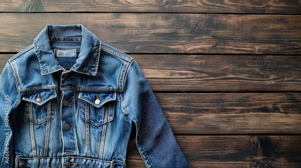 Denim jacket on an old wooden background top view Denim jacket on an old wooden background top view