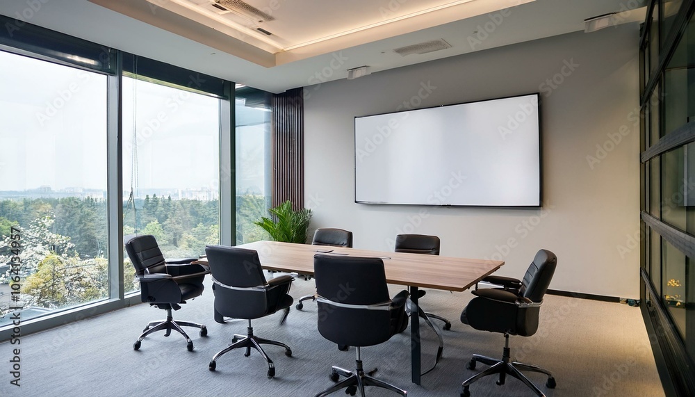 Office meeting interior with board and armchairs, panoramic window. Mockup wall Office meeting interior with board and armchairs, panoramic window. Mockup wall