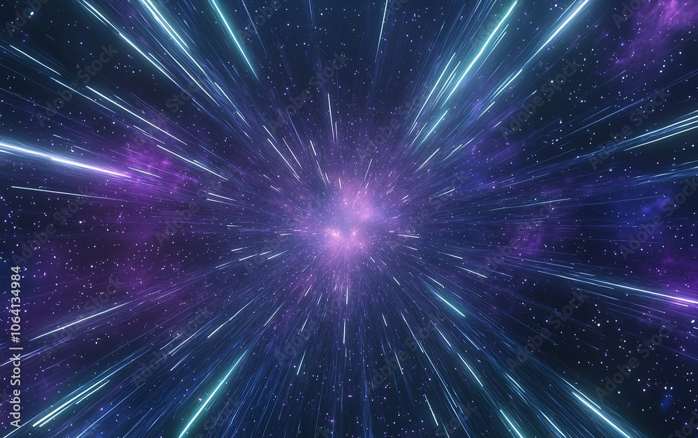 Fototapeta premium Vivid cosmic burst featuring streaks of light and vibrant colors in deep space surrounding a central bright area