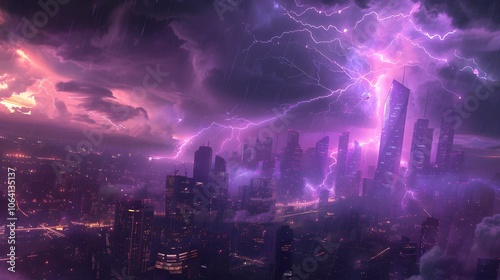 Lightning storm over city in purple light. 