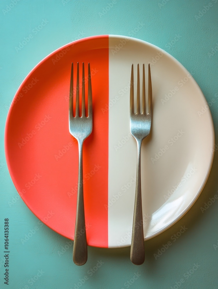 A modern two-tone plate in coral and cream with two forks, set against a muted teal background, combining minimalism with bold color contrast for a stylish dining presentation.