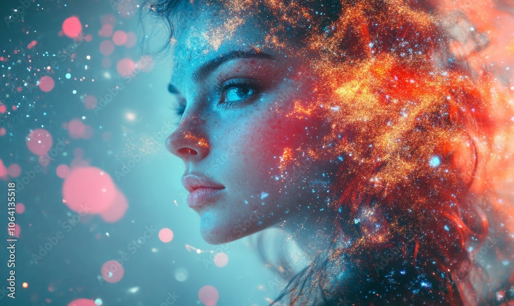 beautiful fantasy abstract portrait of a beautiful woman double exposure with a colorful digital paint splash or space nebula beautiful fantasy abstract portrait of a beautiful woman double exposure with a colorful digital paint splash or space nebula