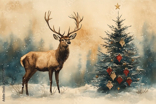 A majestic deer stands in a snowy forest beside a decorated Christmas tree.