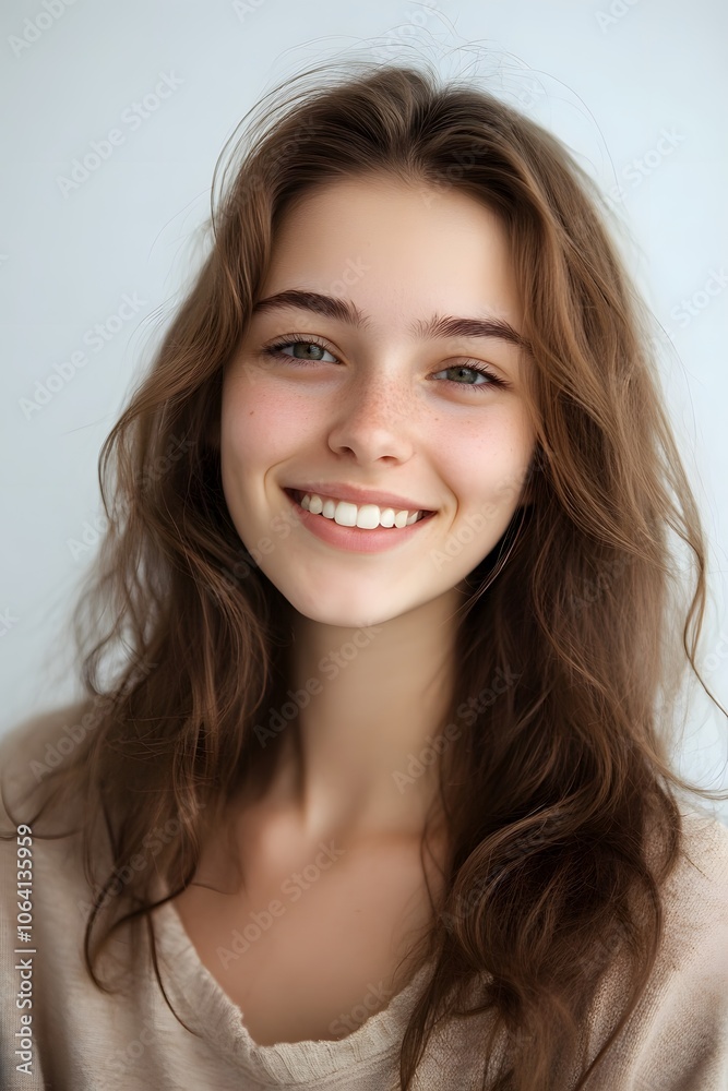 Portrait of natural beautiful smiling young woman white background Portrait of natural beautiful smiling young woman white background