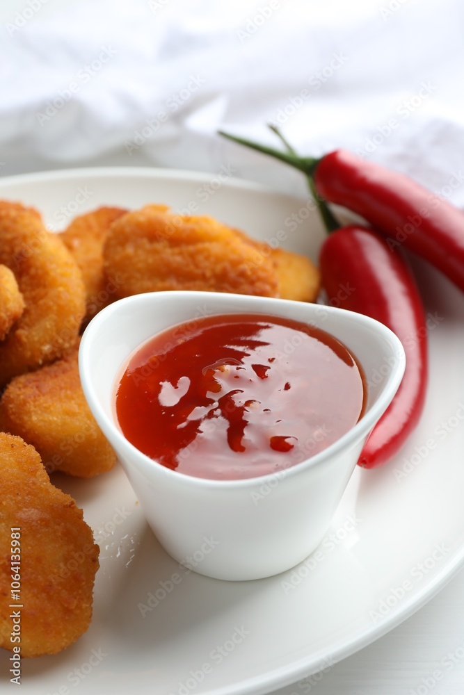Chili sauce and chicken nuggets on white table, closeup Chili sauce and chicken nuggets on white table, closeup