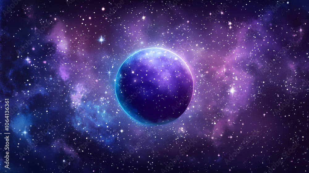 Obraz premium Cosmic dreamscape features a luminous purple orb amidst a dark, star-studded background, adorned with twinkling sparkles, evoking a sense of mystical wonder. Mystical. Illustration