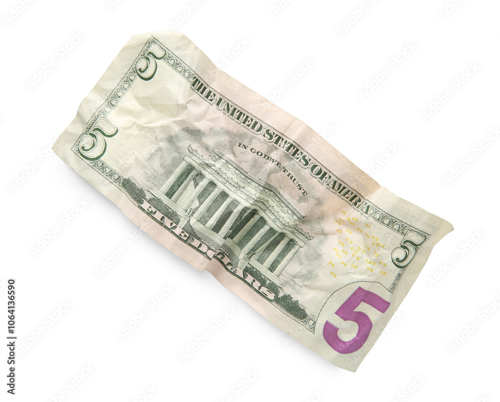 One crumpled dollar banknote isolated on white, top view One crumpled dollar banknote isolated on white, top view