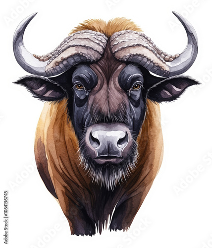 Watercolor illustration of large bull featuring impressive horns, showcasing detailed facial features and strong expressions, ideal for wildlife art.