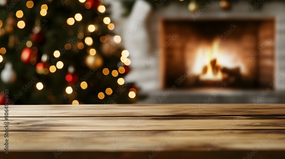Merry Christmas stone podium mock up background. Winter empty pedestal, front view. Christmas tree with Illumination and fireplace Merry Christmas stone podium mock up background. Winter empty pedestal, front view. Christmas tree with Illumination and fireplace