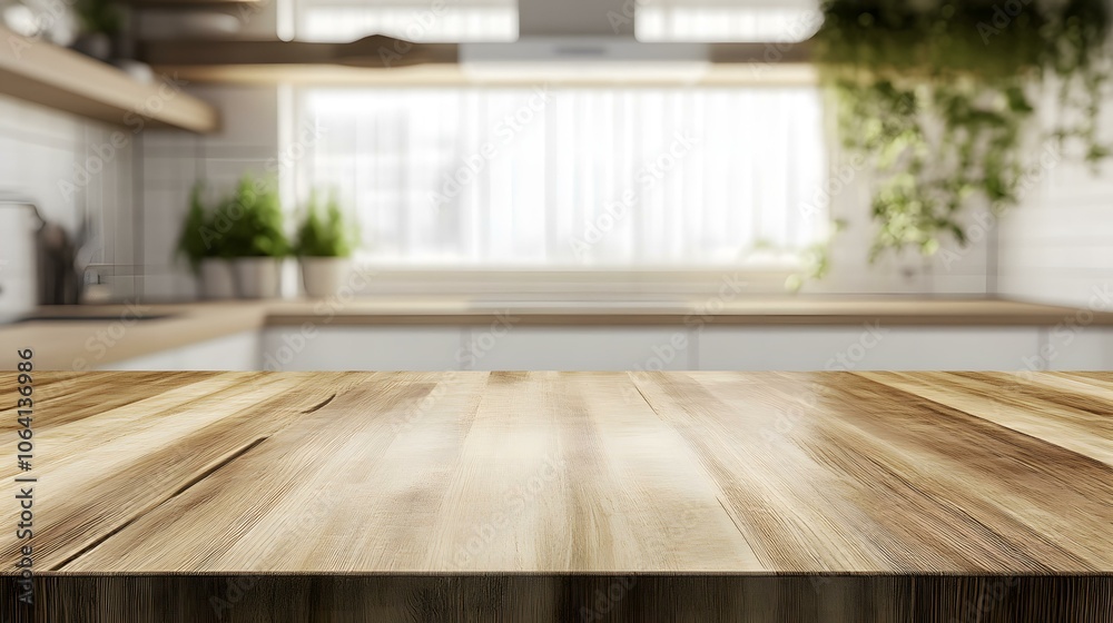 Empty wooden table with the bright white interior of the kitchen as a blurred background, with bokeh golden sunshine. Empty wooden table with the bright white interior of the kitchen as a blurred background, with bokeh golden sunshine.