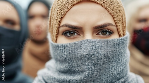 Mysterious gaze of a woman in a scarf during a rally for social justice. A young woman stands resolutely, her eyes shining through a gray scarf, surrounded by others.