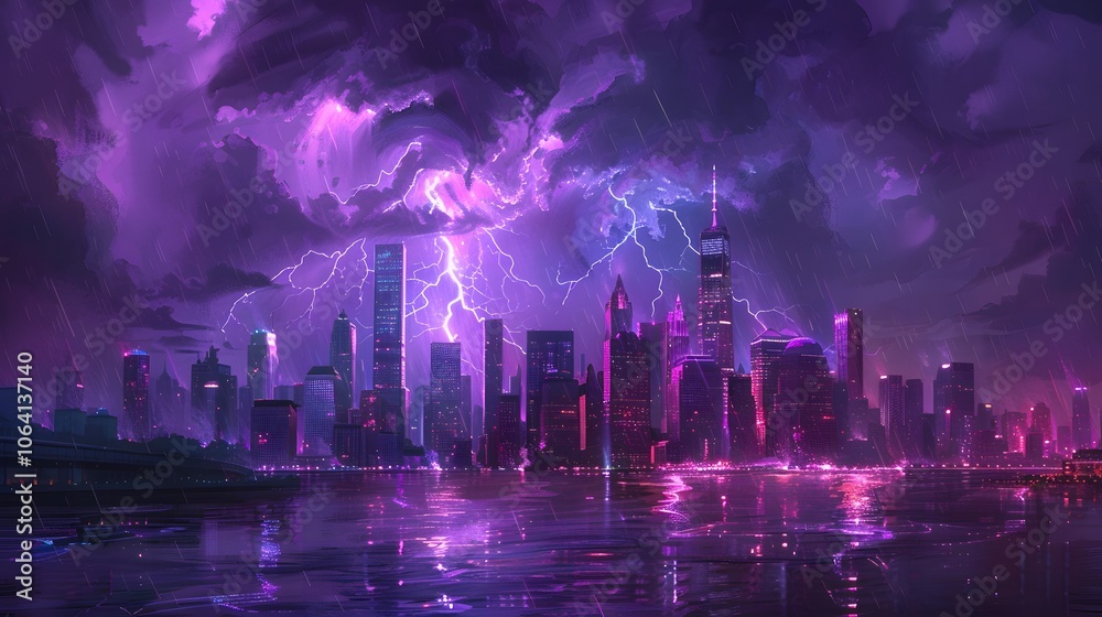 Lightning storm over city in purple light. Lightning storm over city in purple light.