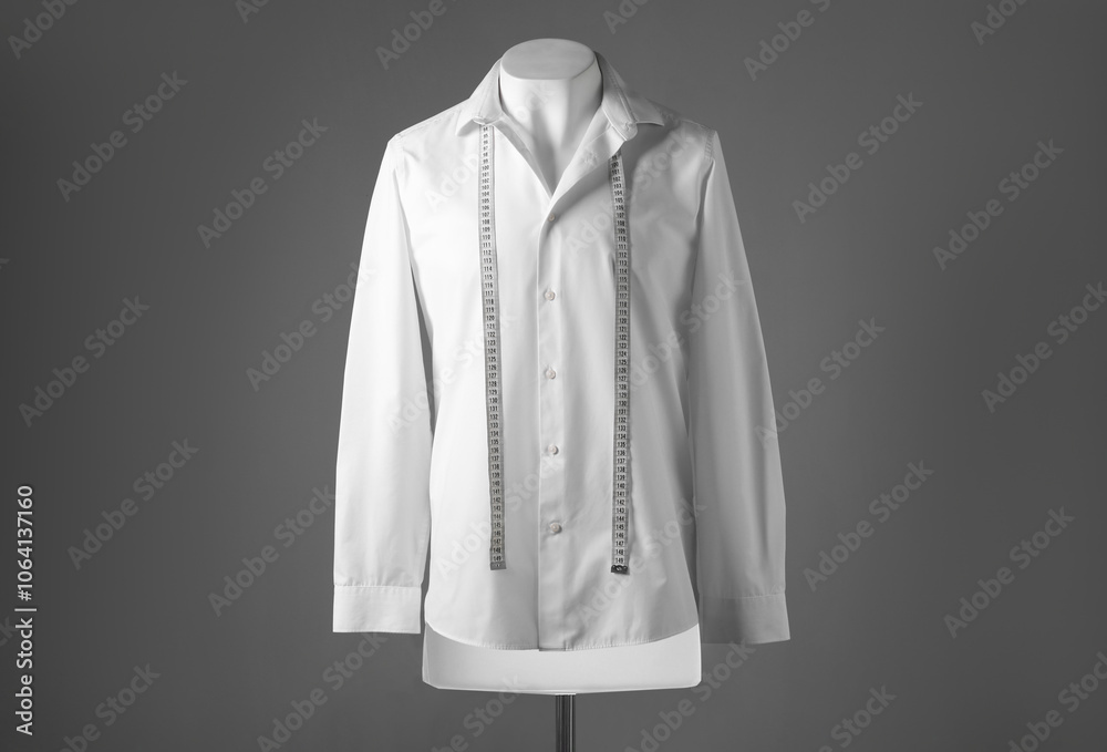 Male mannequin with white shirt and measuring tape on grey background Male mannequin with white shirt and measuring tape on grey background