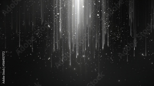 Abstract silver glitter lights on black background. Blurred bokeh effect, festive texture. Shimmering particle effect
