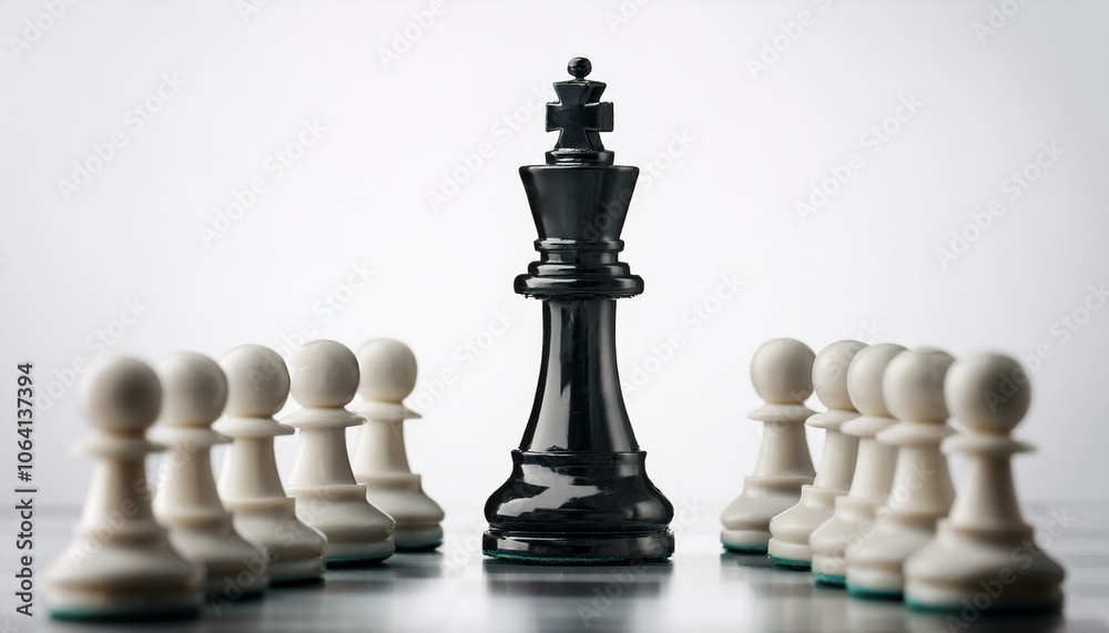 Black chess king standing ahead of white pawns on white background. Strategy and competition concept. Generative AI Black chess king standing ahead of white pawns on white background. Strategy and competition concept. Generative AI