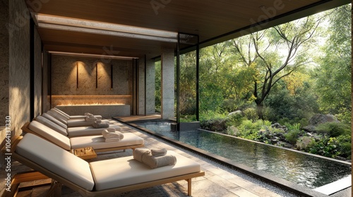 A modern spa with a view of a lush garden.