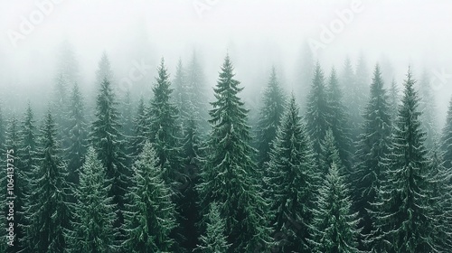   A dense green forest, shrouded in a thick layer of both fog and snow
