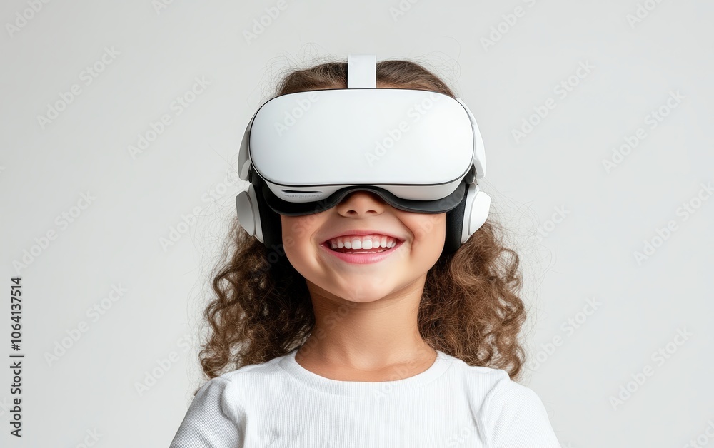 Smiling young pretty girl wearing a VR headset on a clean white background Smiling young pretty girl wearing a VR headset on a clean white background
