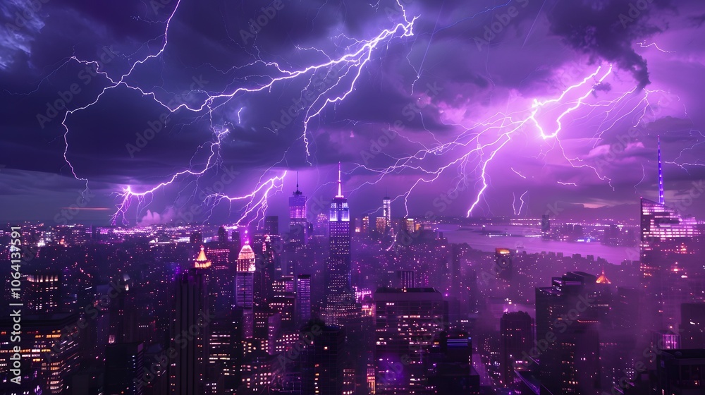 Obraz premium Lightning storm over city in purple light. 