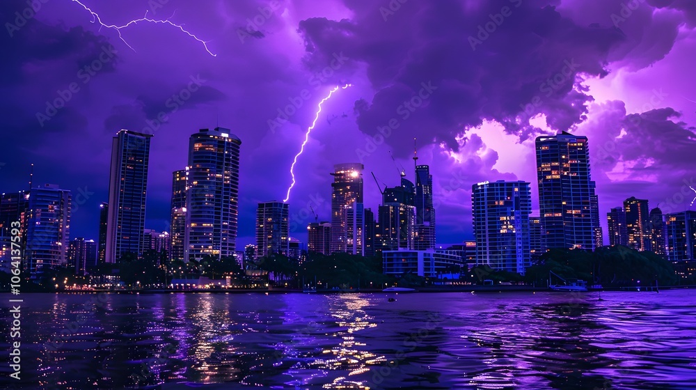 Fototapeta premium Lightning storm over city in purple light. 