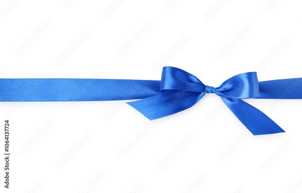 Beautiful blue ribbon with bow isolated on white, top view Beautiful blue ribbon with bow isolated on white, top view