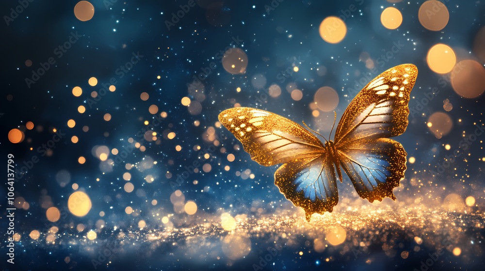 Enchanted evening mystical butterfly golden glitter flits night depth field. Mystical. Illustration Enchanted evening mystical butterfly golden glitter flits night depth field. Mystical. Illustration
