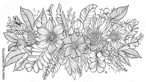 Wallpaper Mural A black and white coloring page of an intricate mandala featuring leaves, flowers, and feathers, detailed patterns, bold outline, isolated on white background Torontodigital.ca