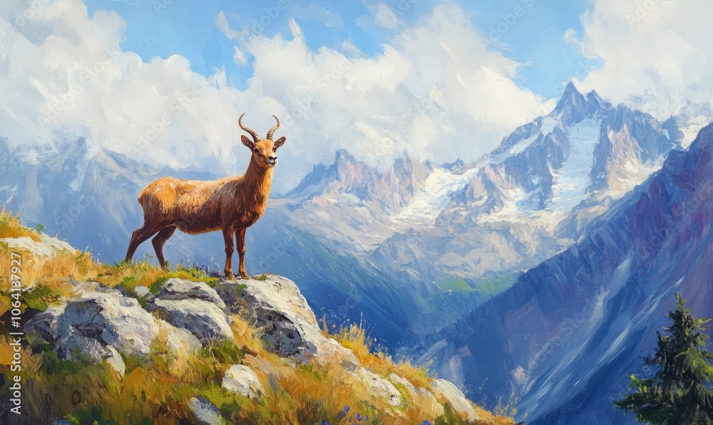 Chamois on Alpine Ridge with Mountain Backdrop Chamois on Alpine Ridge with Mountain Backdrop