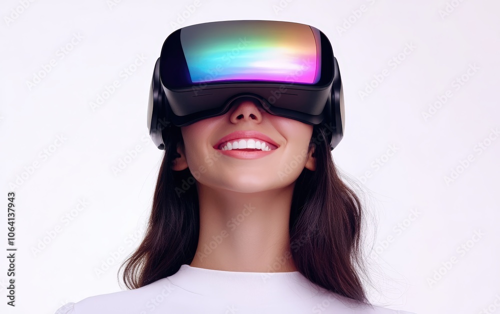 Smiling young pretty woman wearing a colored VR headset on a clean white background Smiling young pretty woman wearing a colored VR headset on a clean white background