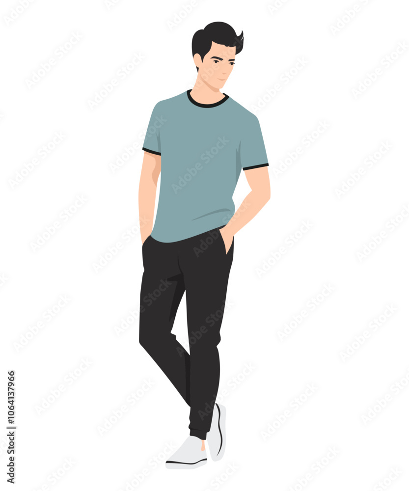 Vector illustration on a white background. Young man in a gray-blue T-shirt and dark trousers, standing relaxed, hands in pockets. Vector illustration on a white background. Young man in a gray-blue T-shirt and dark trousers, standing relaxed, hands in pockets.