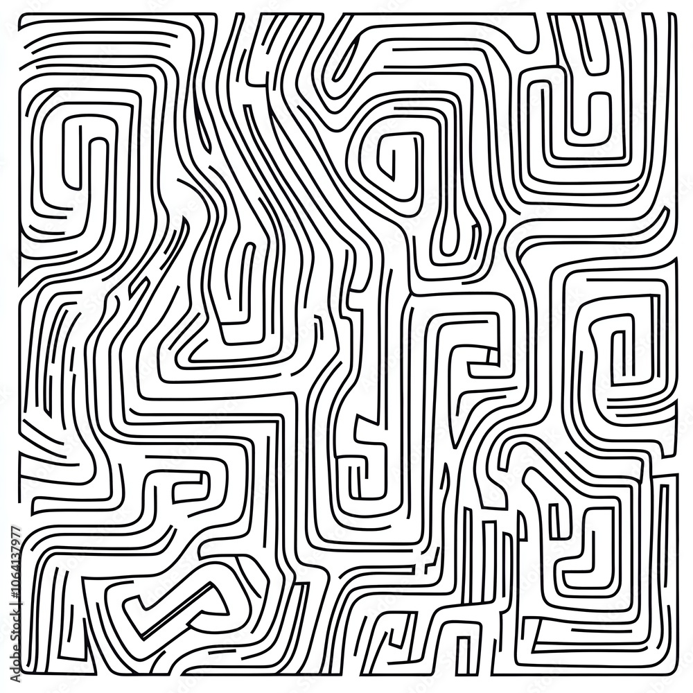 Fototapeta premium A black and white coloring page of complex, repeating geometric shapes that create a maze-like effect, bold outline, isolated on white background. 