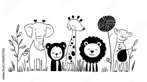 A black and white coloring page of cute zoo animals including an elephant, lion, giraffe, and monkey, each with bold outlines and simple features, isolated on white background photo