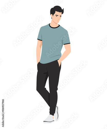 Vector illustration on a white background. Young man in a gray-blue T-shirt and dark trousers, standing relaxed, hands in pockets.