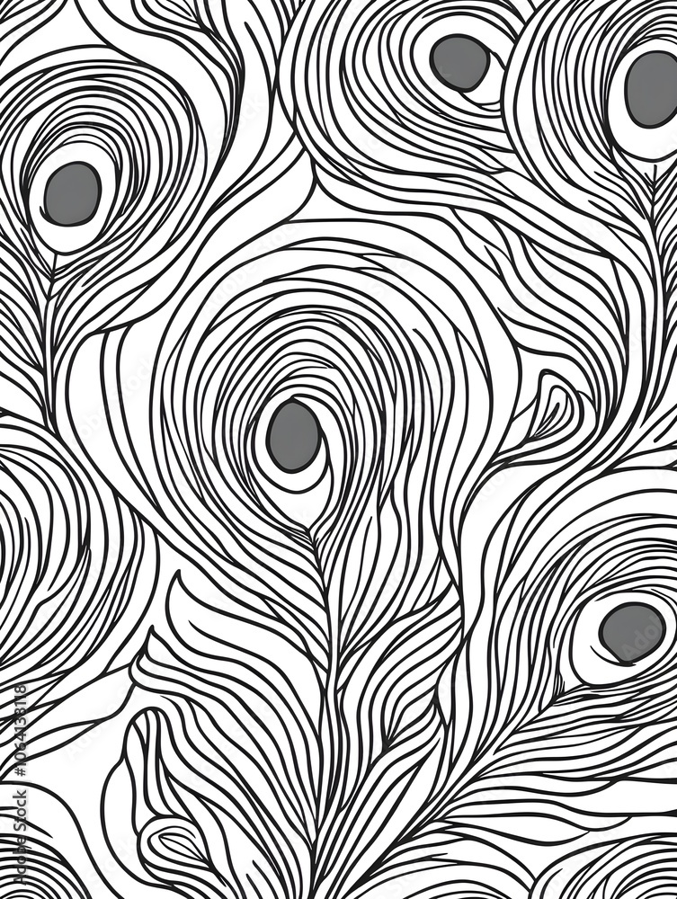 Obraz premium A black and white coloring page of intricate peacock feathers with detailed lines and patterns, bold outline, isolated on white background.