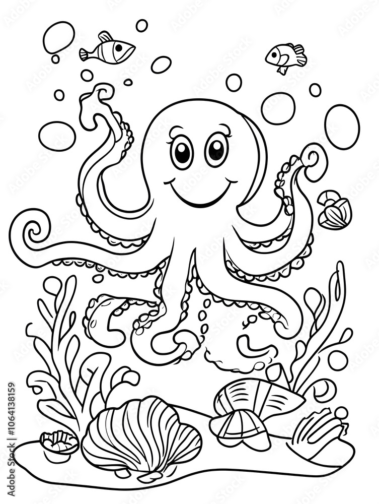 Fototapeta premium A black and white coloring page with a cheerful underwater scene featuring a smiling octopus, fish, seashells, and seaweed, bold outline, isolated on white background.