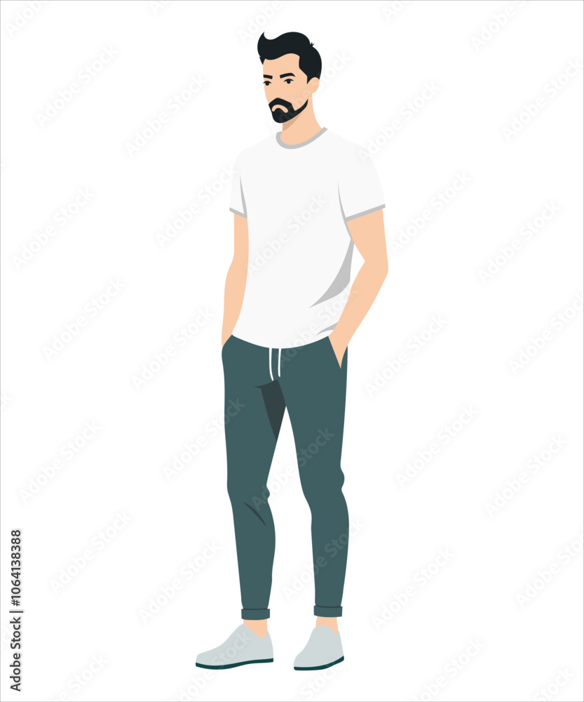 Vector illustration on a white background. A man in a white T-shirt and green pants, stands relaxed, his hands are down. Vector illustration on a white background. A man in a white T-shirt and green pants, stands relaxed, his hands are down.