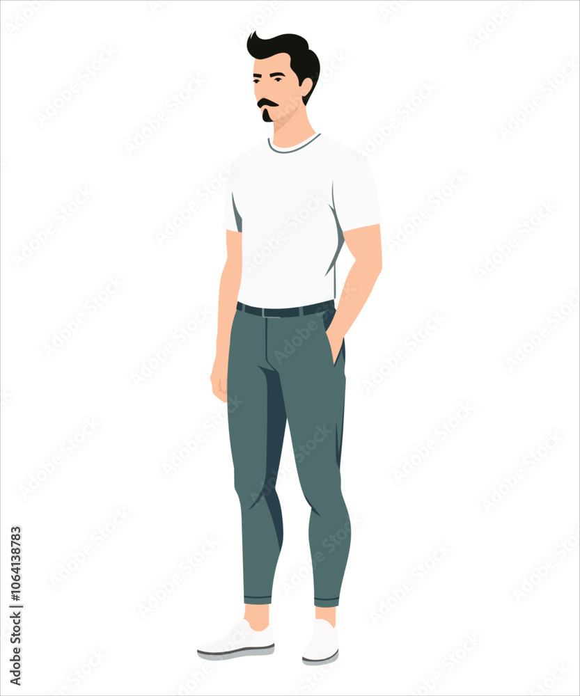 Vector illustration. A man in a white T-shirt and dark trousers, stands in a relaxed pose, his hands are down. Vector illustration. A man in a white T-shirt and dark trousers, stands in a relaxed pose, his hands are down.