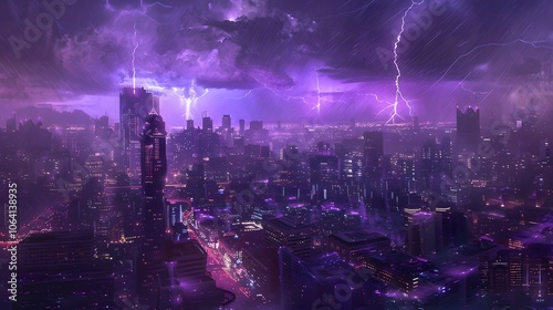 Lightning storm over city in purple light. 