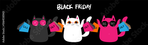 Colorful kawaii cats holding shopping sale bags, on black background. Perfect for Black Friday. Discounts, sale, black Friday. Online banner, flyer, card, coupon and other