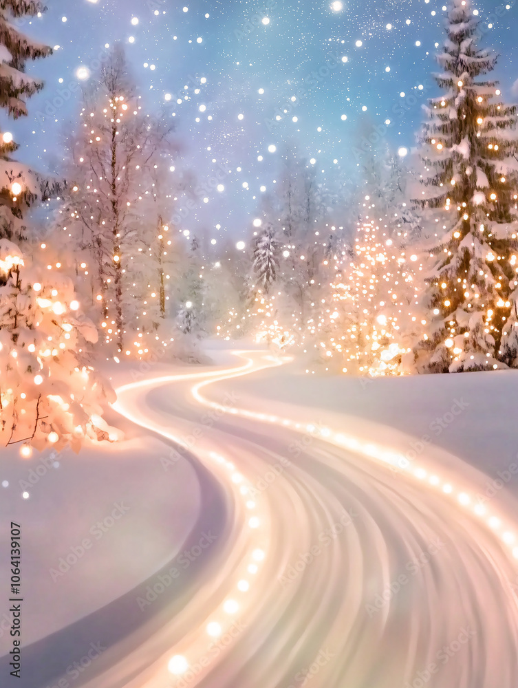 Christmas Winter background with Frosty road and Beautiful winter landscape in the mountains, with a dreamy and magical feel Christmas Winter background with Frosty road and Beautiful winter landscape in the mountains, with a dreamy and magical feel