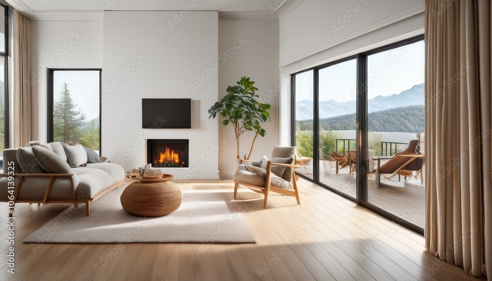 Fototapeta premium Home living room interior with relaxing zone, fireplace and window. Mockup wall
