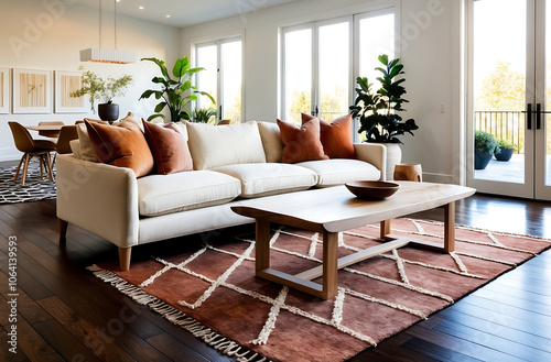Bright and cozy room with a large, comfortable sofa, natural wood coffee table, and soft, warm-toned decor. Scandinavian home interior design of modern living room.