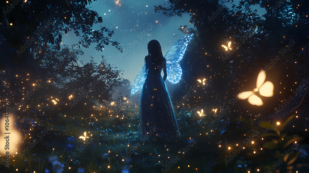 Ethereal fairy figure in mystical night forest with glowing fireflies and stars. Mystical. Illustration Ethereal fairy figure in mystical night forest with glowing fireflies and stars. Mystical. Illustration