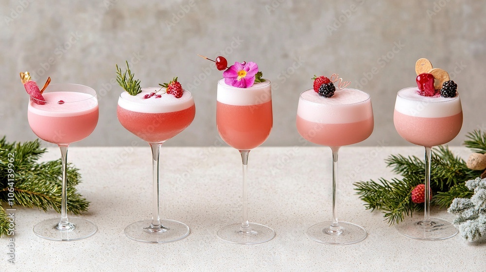 A line of wine glasses brimming with diverse beverages and adorned with blossoms and foliage on a table A line of wine glasses brimming with diverse beverages and adorned with blossoms and foliage on a table
