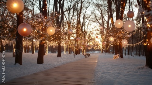 Snow-covered trees decorated with Christmas ornaments and glowing lights, serene winter forest, wide-angle view photo